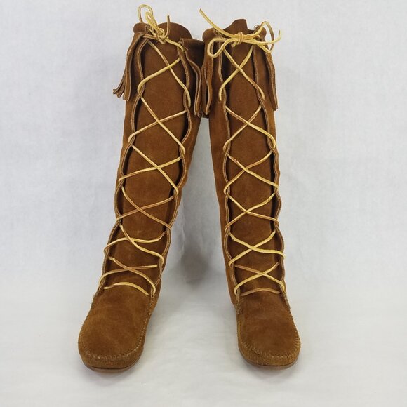Minnetonka Knee High Boot Womens 7 Moccasins Fringe Front Lace Leather Brown USA - Picture 1 of 16